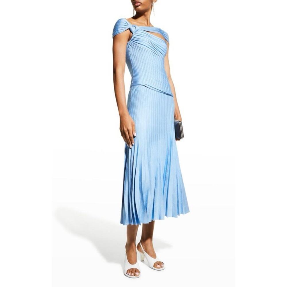 NWT St. John Pleated One Shoulder Milano Knit Midi Dress Blue Sz 16 $2495 - Picture 3 of 10